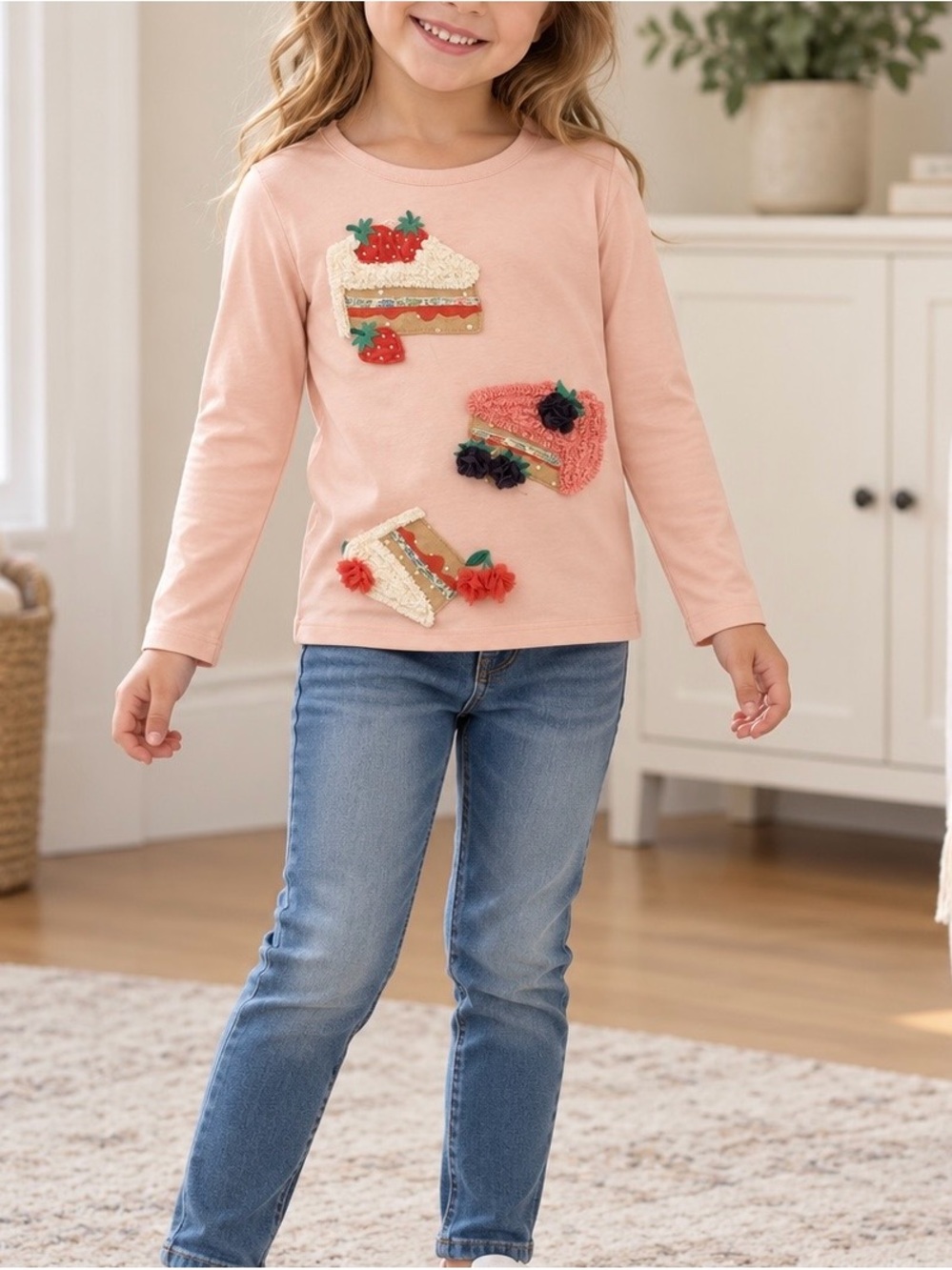 Mini Boden Pink Long-Sleeve Tee with Cake & Strawberry Appliqués